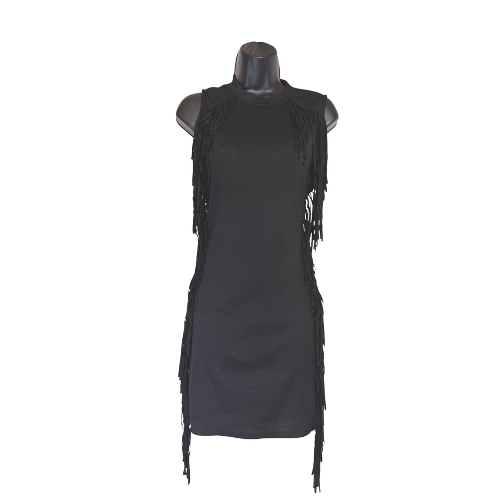 Sans Souci Western Whimsigoth Black Ribbed Side Fringe Sleeveless Mini Dress